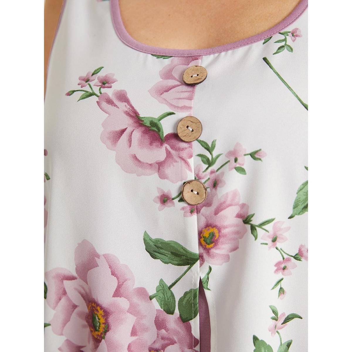 Plus Size Floral Split Front Button Detail 2-In-1 Tank Top Women Rouge Elegant Button Round Neck Dailywear Tank Tops Camis BloomChic 28/5X Product Image