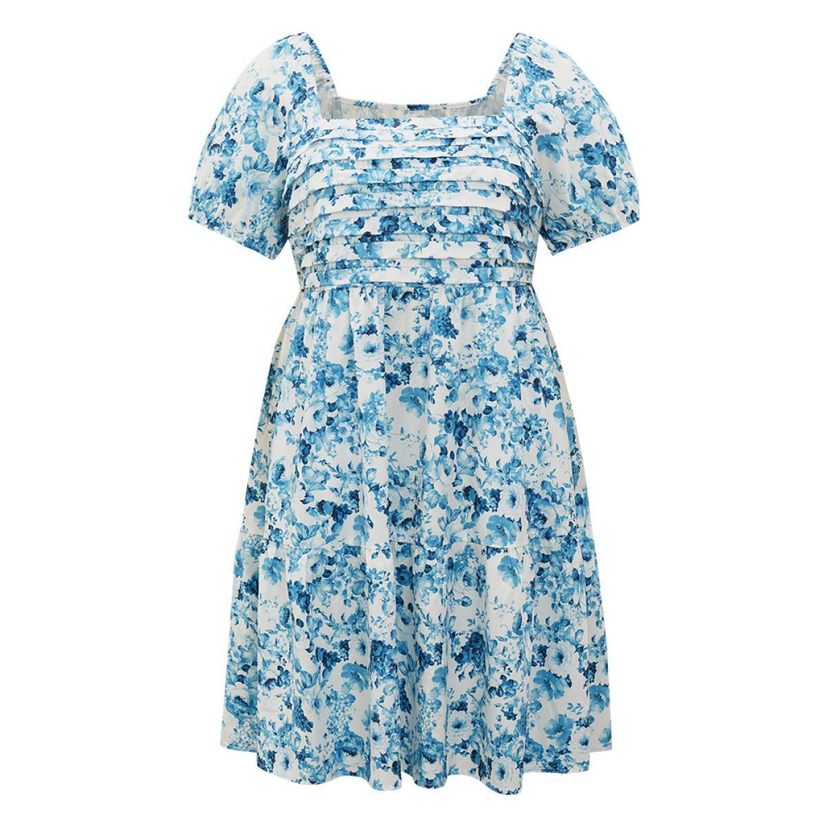 Plus Size Batik Plicated Detail Square Neck Puff Sleeve Dress Blue Women Elegant Elastic cuffs Square Neck Short sleeve Curvy Midi Dress BloomChic 14-16/1X Product Image