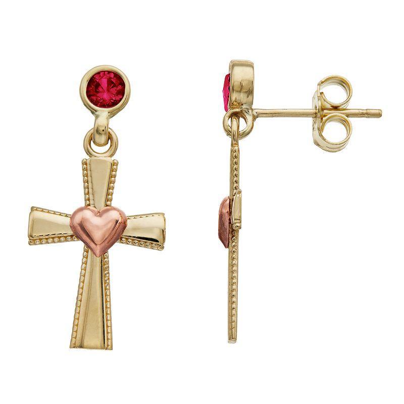 Kristen Kesho 10k Gold Lab-Created Gemstone Birthstone Heart Cross Dangle Earrings, Women's, Feb Product Image