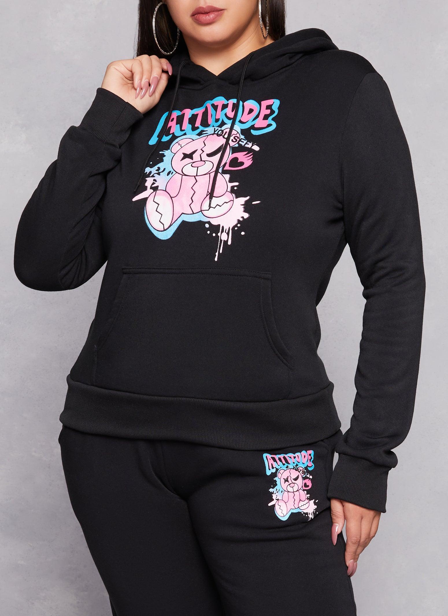 Womens Plus Size Attitude Bear Graphic Pullover Hoodie Product Image