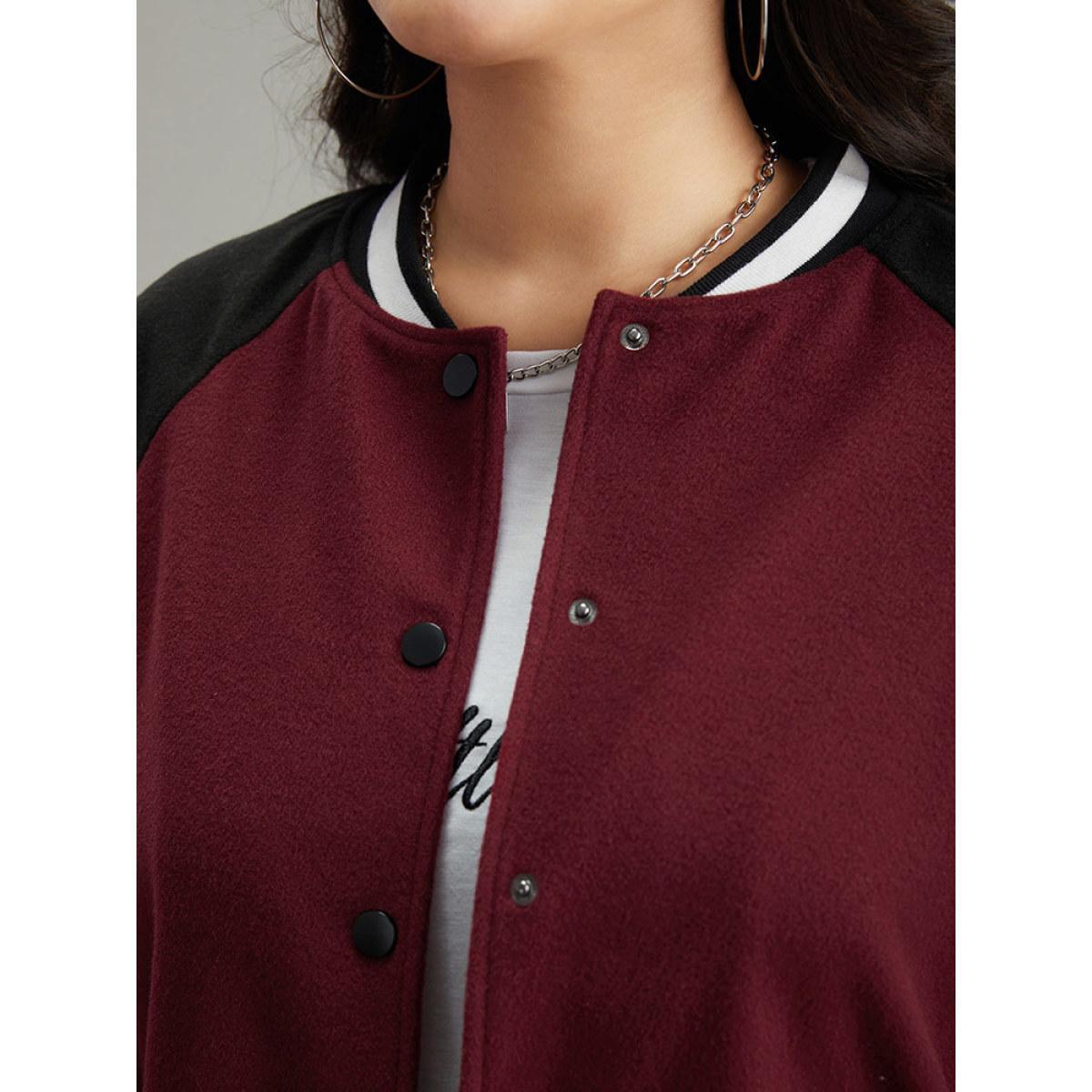 Plus Size Contrast Trim Pocket Button Fly Bomber Jacket Women Burgundy Contrast Pocket Dailywear Jackets BloomChic 10/M Product Image