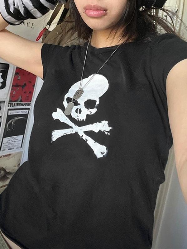 Skull Print Short Sleeve Y2K Crop Top Product Image