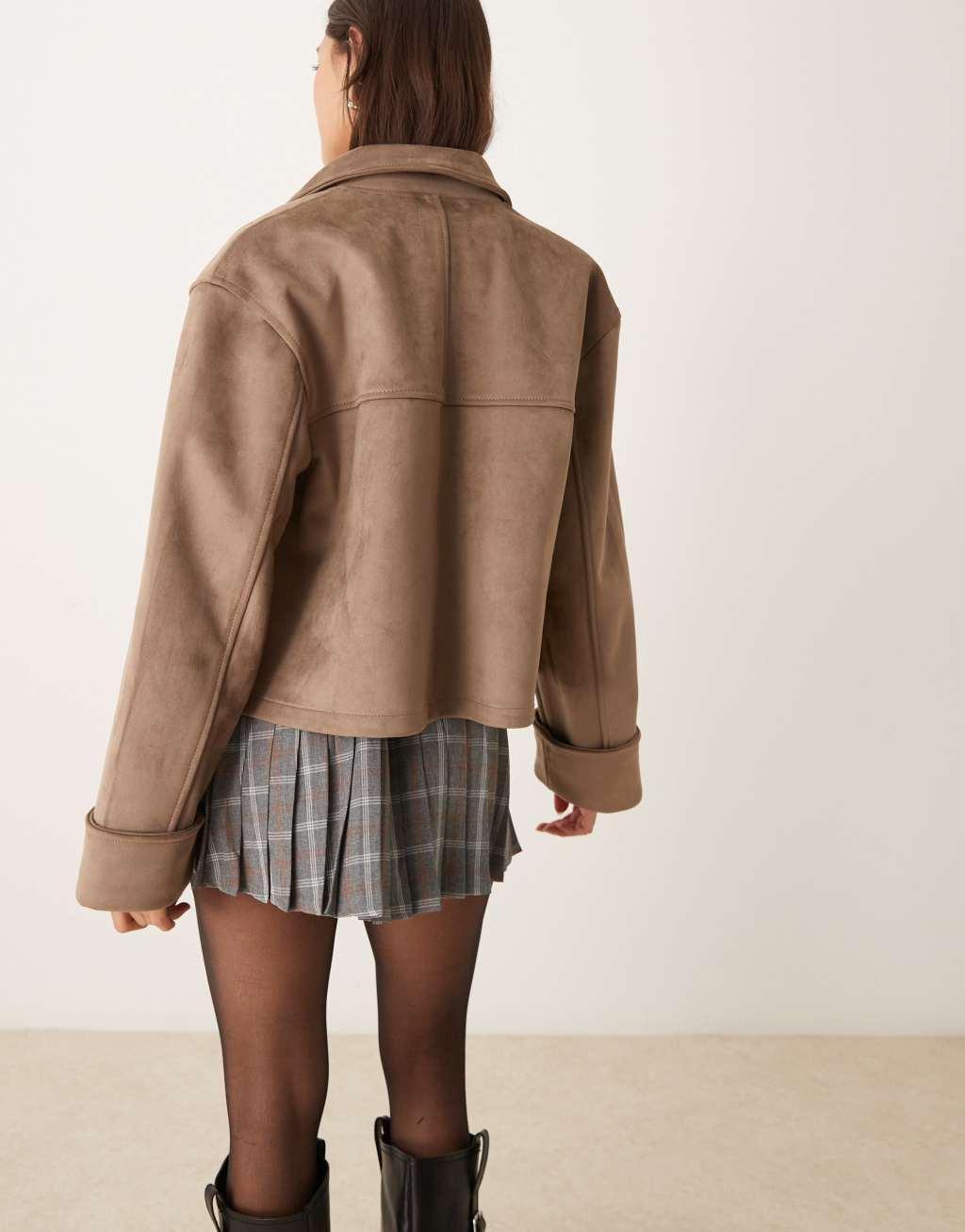 ASOS DESIGN top collar premium suedette jacket in beige Product Image