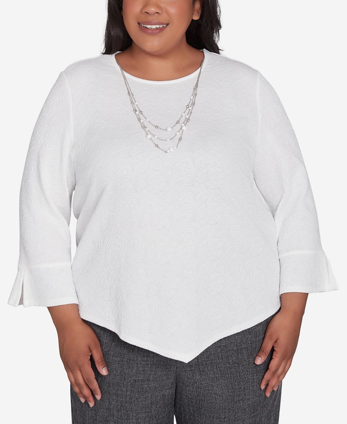 Plus Size Alfred Dunner Crewneck Textured Top With Detachable Necklace, Women's, Size: 2XL, Ivory Product Image