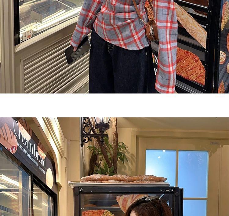 Long Sleeve Cold Shoulder Plaid Ruched Wrap Blouse Product Image