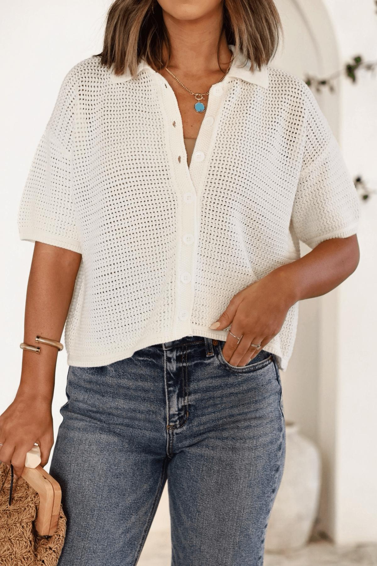 White Crochet Button Up Top Product Image