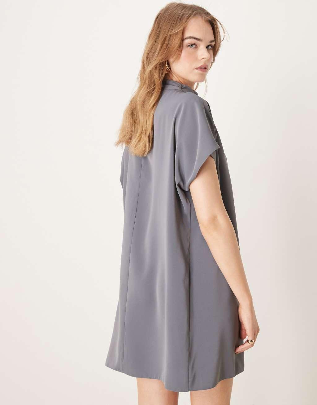 ASOS DESIGN slinky mini dress with neck tie detail in blue gray Product Image