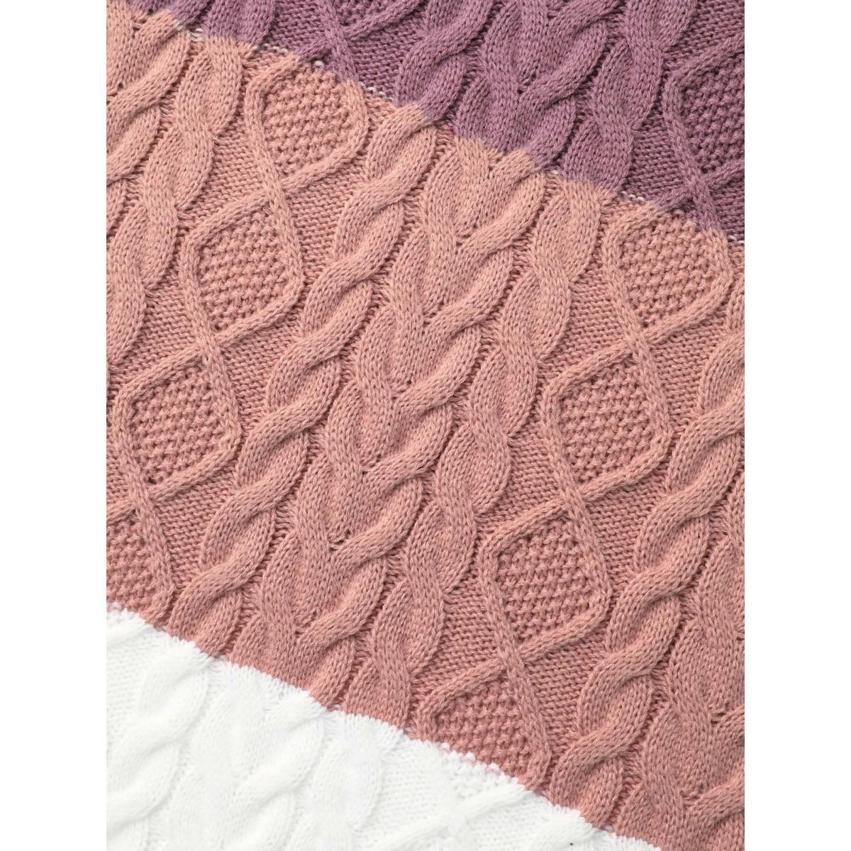 Plus Size Contrast Cable Knit Arc Hem Pullover Lilac Women Casual Loose Long Sleeve Round Neck Everyday Pullovers BloomChic 10/M Product Image