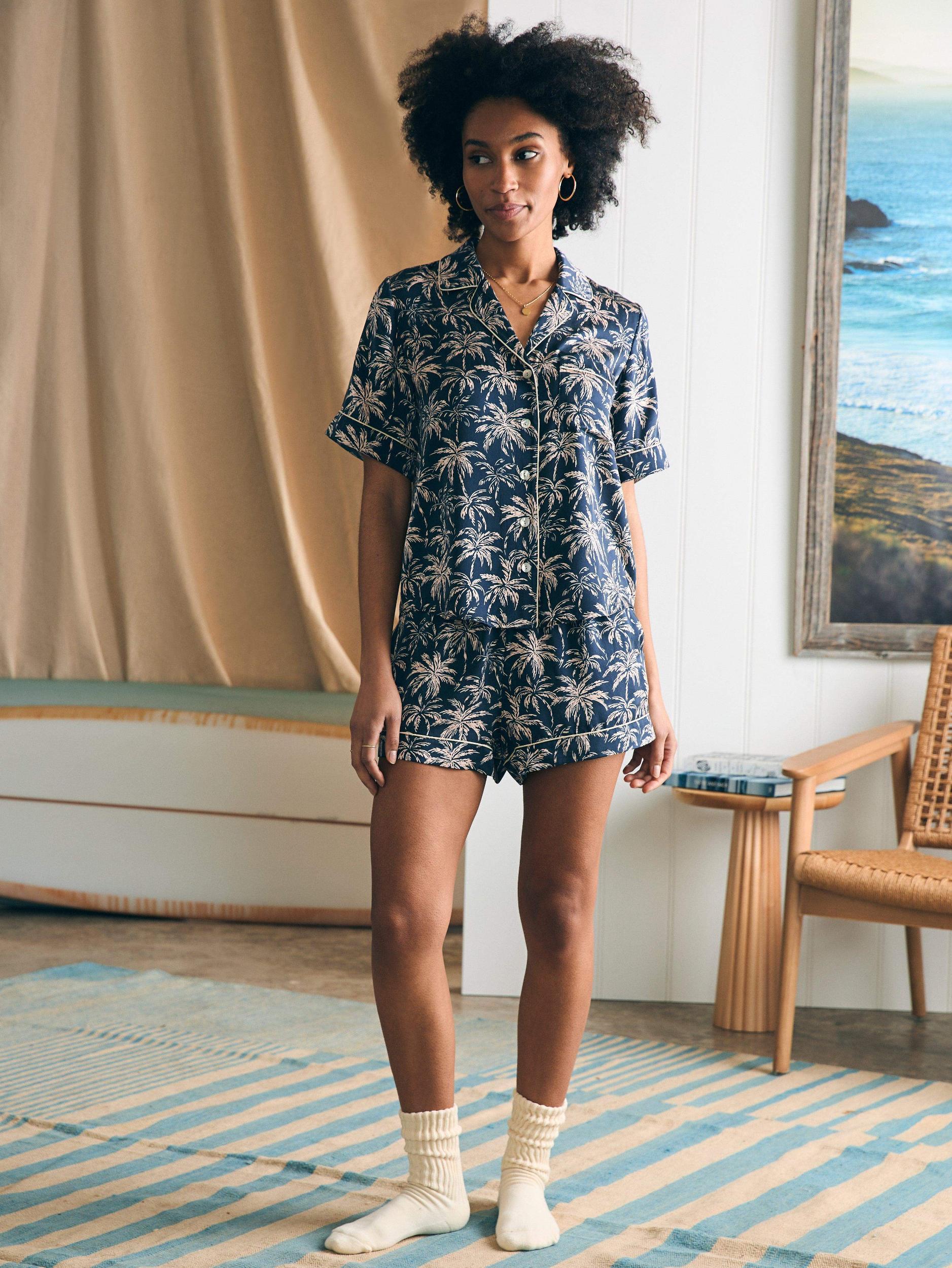 Sandwashed Silk Short Sleeve Pajama Set - Navy Tropic Trees Female Product Image