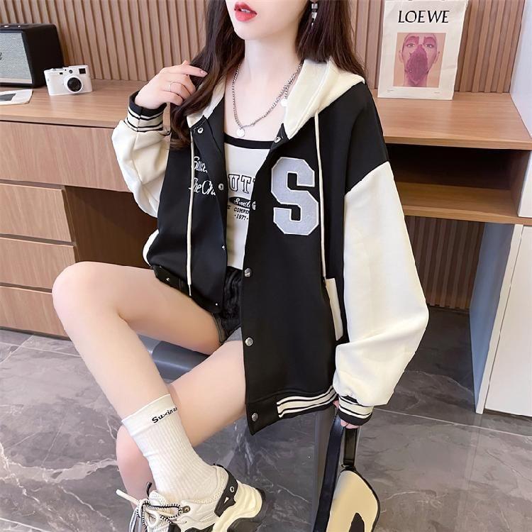Lettering Embroidered Hooded Button-Up Baseball Jacket Product Image