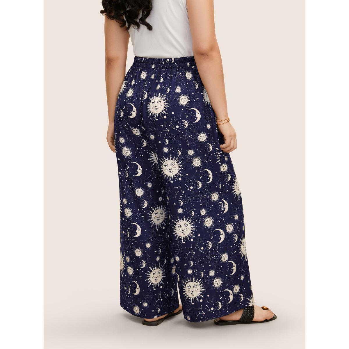 Plus Size Silhouette Floral Print Ties Side Seam Pocket Pants Women DarkBlue Elegant Wide Leg High Rise Everyday Pants BloomChic 10/M Product Image