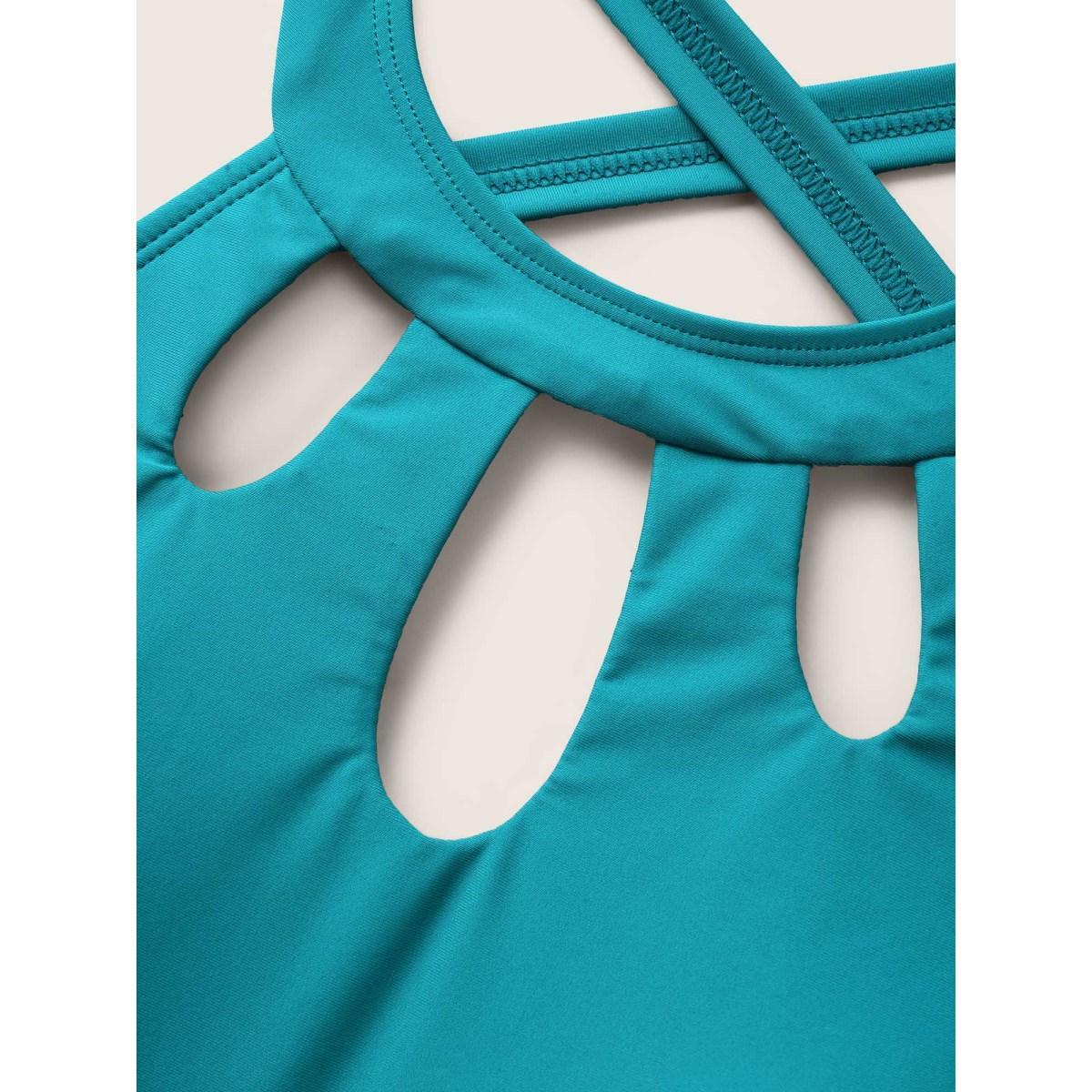 Plus Size Solid Cut Out Gathered Adjustable Straps Swim Top Women's Swimwear Mediumblue Beach Gathered High stretch Bodycon Halter neck Curve Swim Tops BloomChic 18-20/2X Product Image