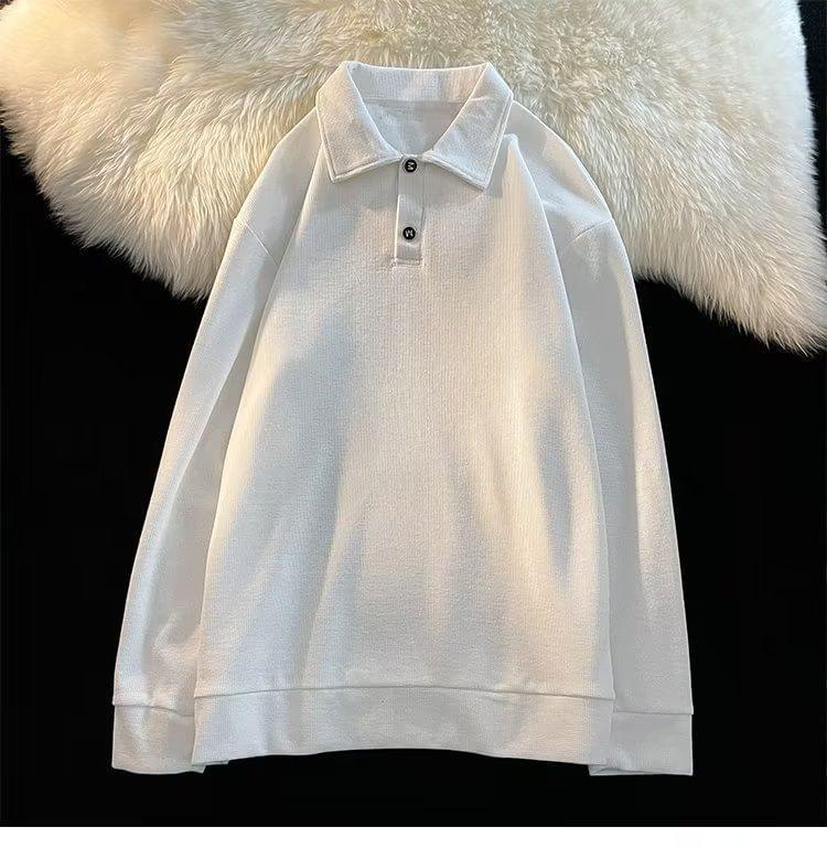 Long Sleeve Drop Shoulder Plain Polo Shirt Product Image