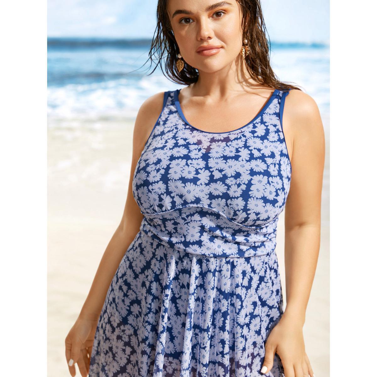 Plus Size Floral U Neck See Through Patchwork Swim Dress Women's Swimwear Navy Beach Bodycon U-neck High stretch Curve Swim Dresses BloomChic 22-24/3X Product Image