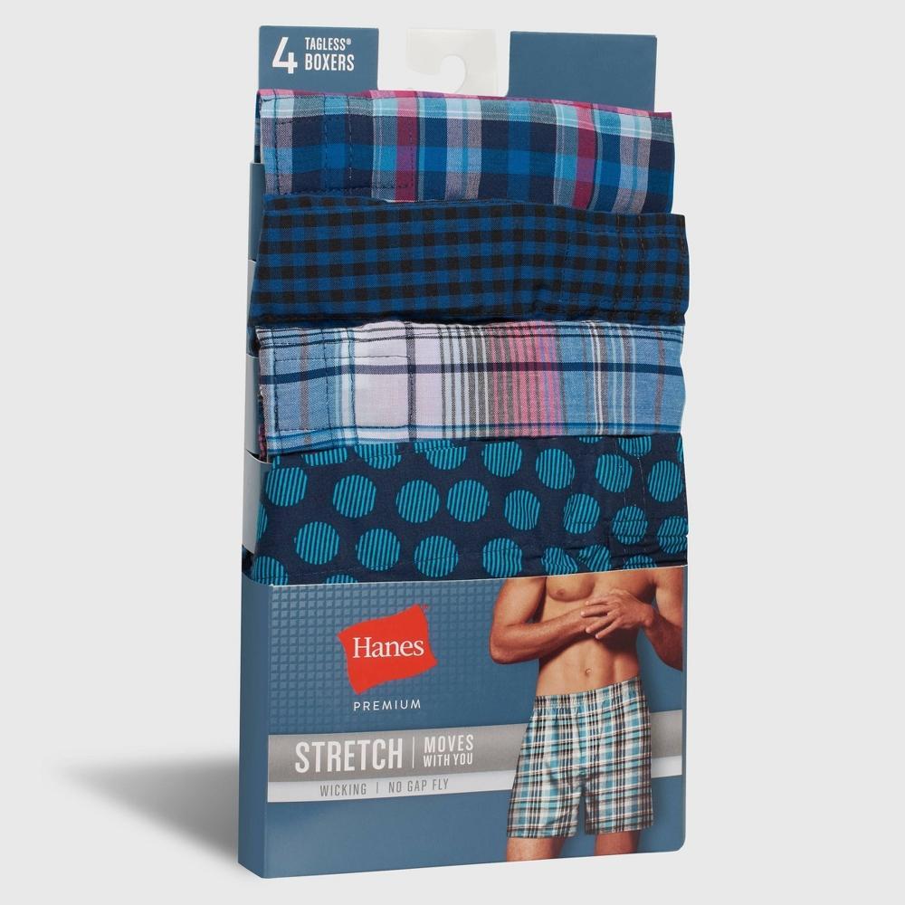 Hanes Premium Men's Stretch Woven Boxer Shorts 4pk - Blue L: Tagless, Plaid, Lightweight, Pull-On Product Image