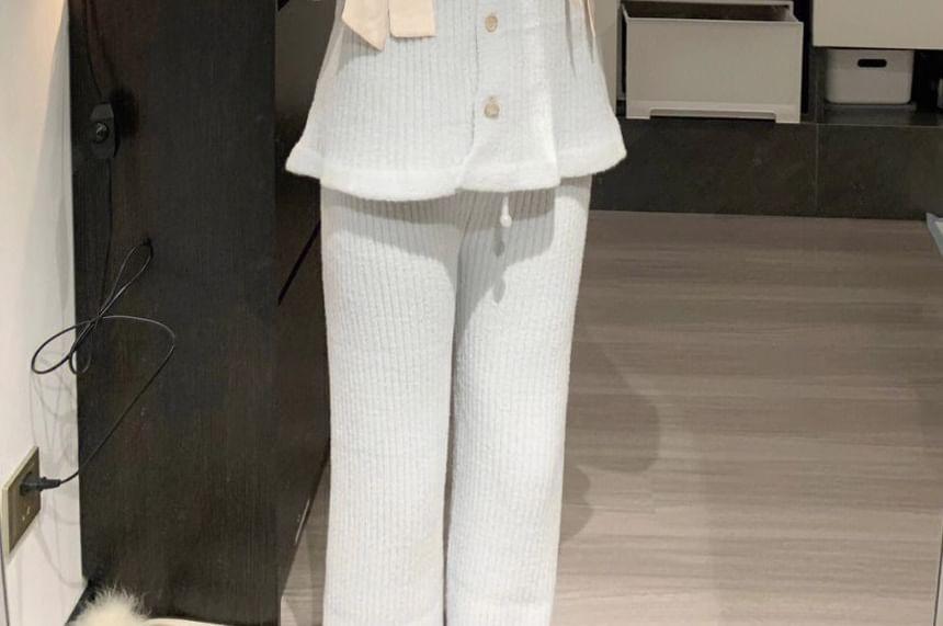Pajama Set: Round Neck Bow Heart Button Cardigan + Straight Leg Pants Product Image