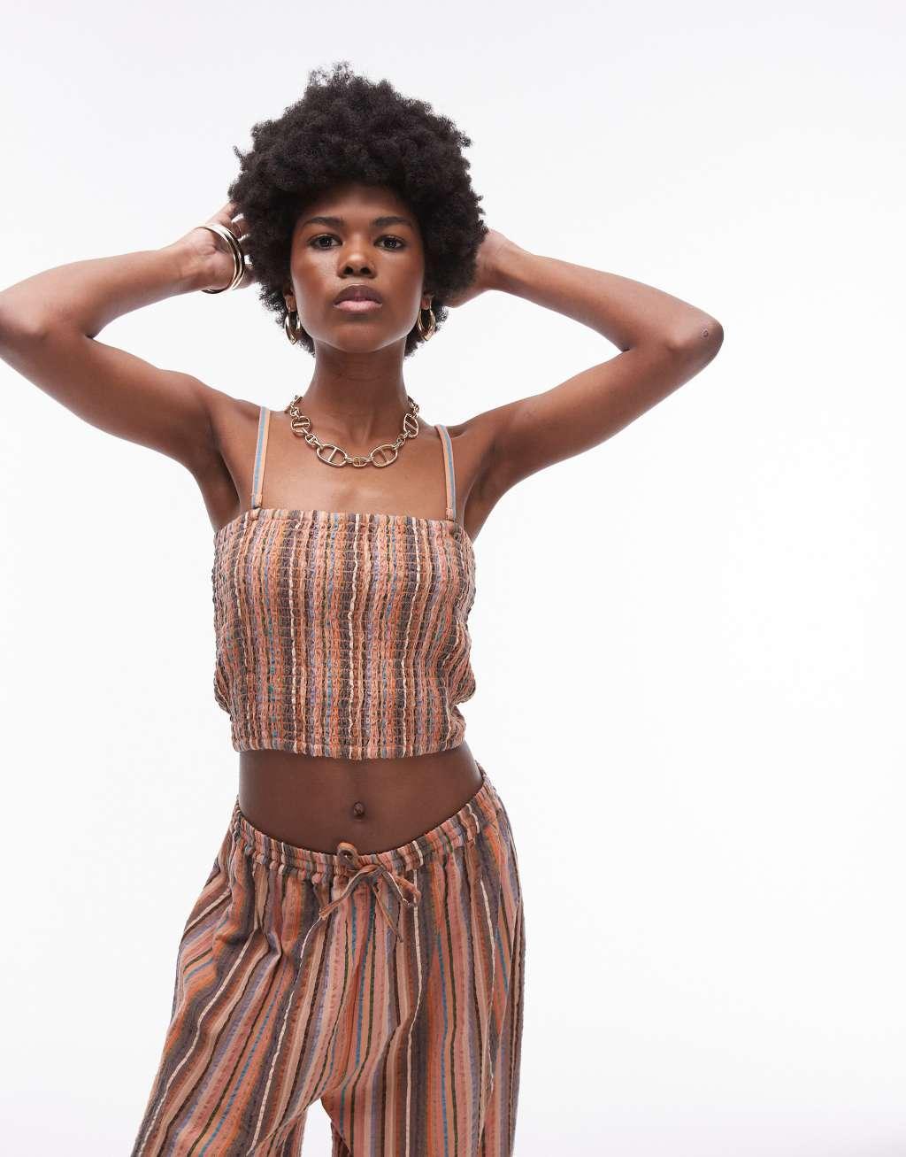 Topshop textured bandeau beach top in brown stripe Product Image