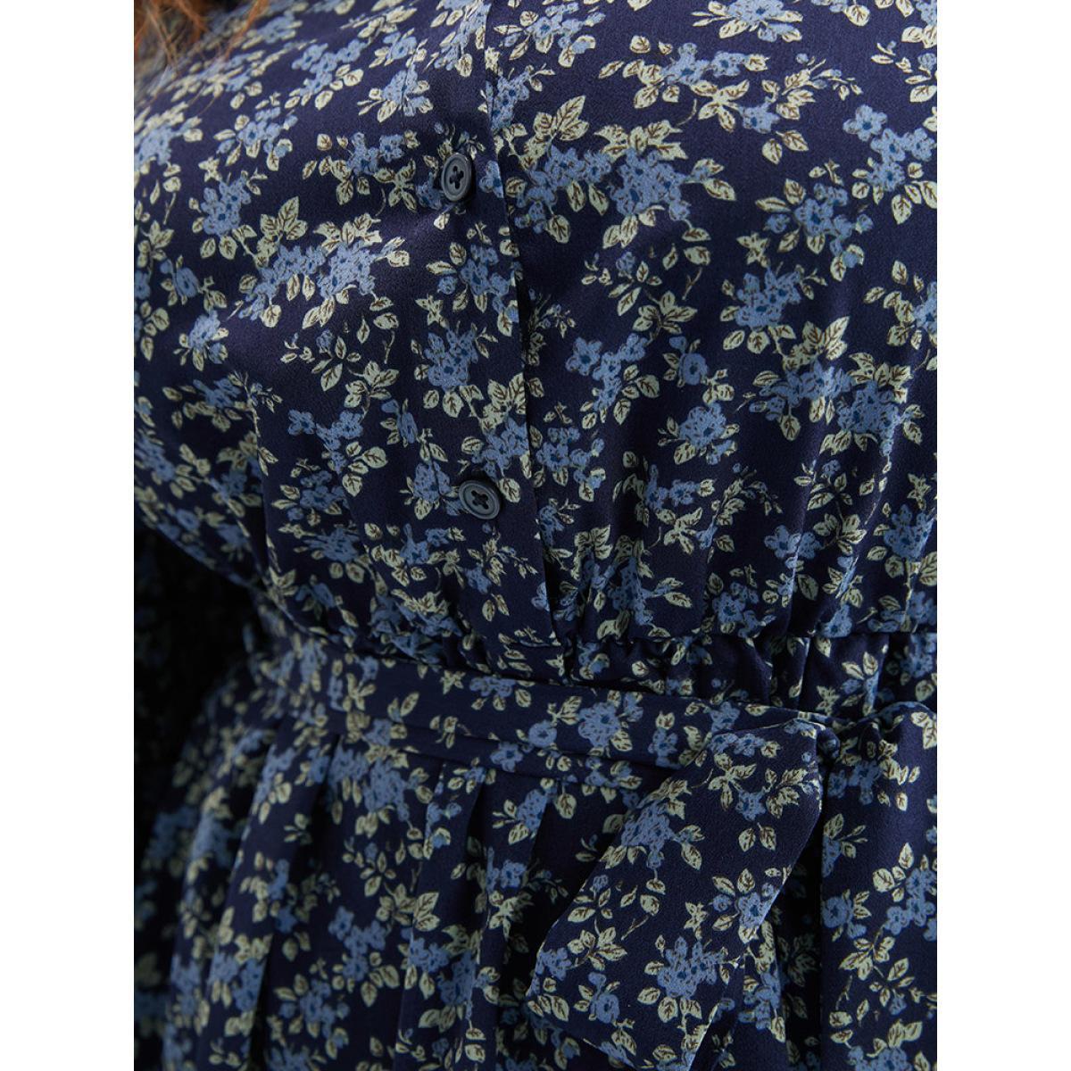 Plus Size Ditsy Floral Pocket Belted Shirt Collar Dress Indigo Women Elegant Elastic Waist Shirt collar Long Sleeve Curvy Midi Dress BloomChic 10/M Product Image