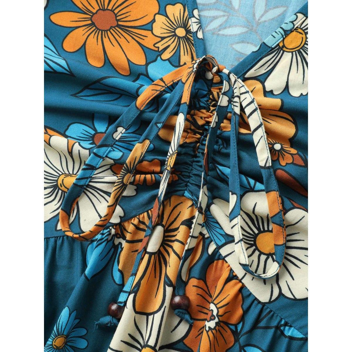 Plus Size Floral Drawstring Bodice Side Slit Midi Dress Navy Women V-neck Short sleeve Curvy BloomChic 30/6X Product Image