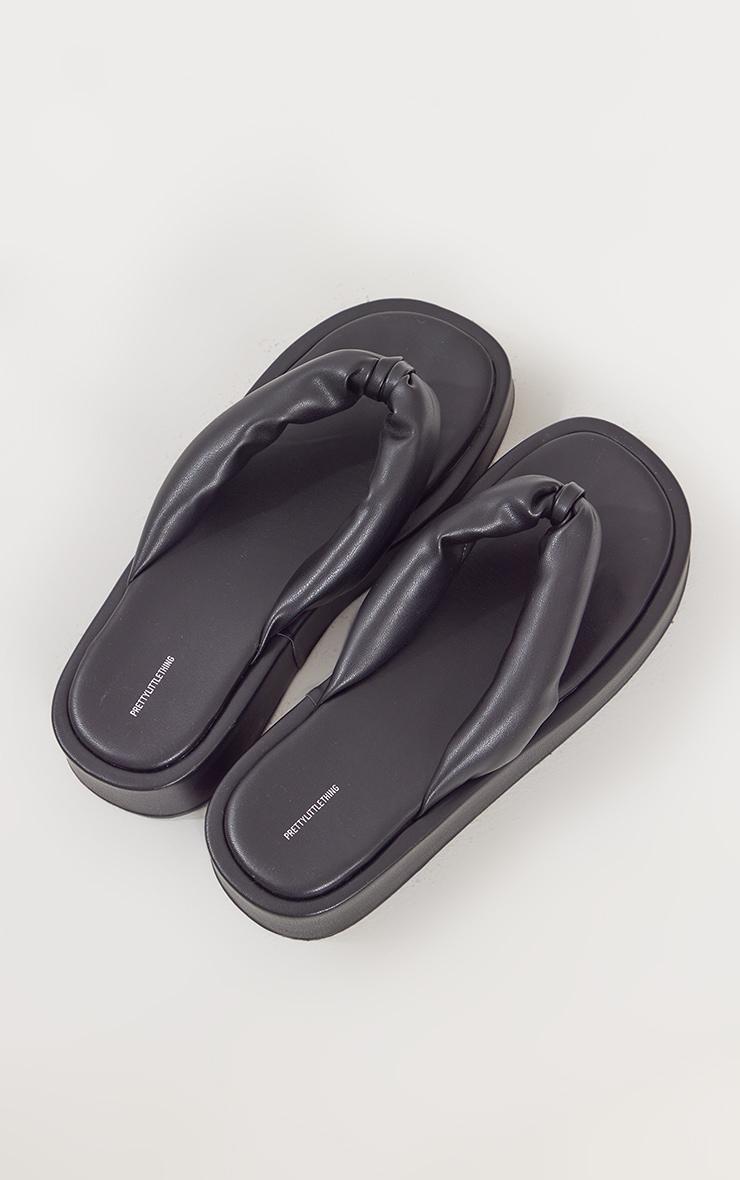 Black Pu Padded Thong Strap Chunky Sandals Product Image
