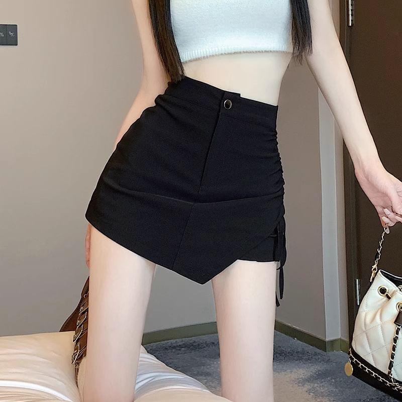 High Waist Plain Asymmetrical Drawstring Skort Product Image