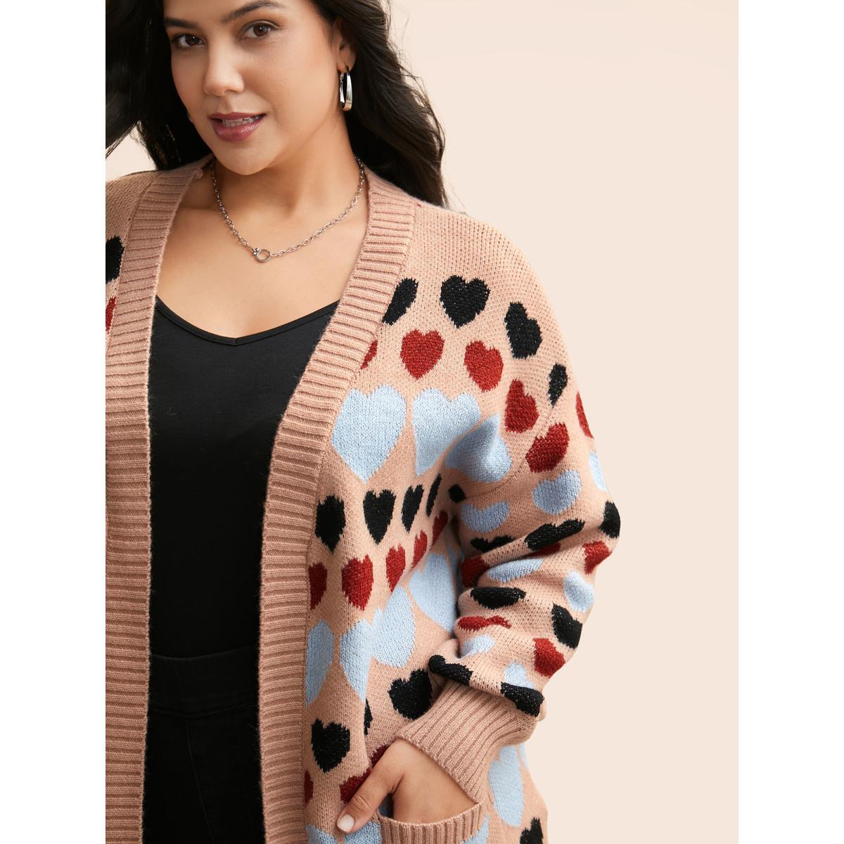 Plus Size Contrast Heart Patch Pocket Cardigan Nudepink Women Casual Loose Long Sleeve Everyday Cardigans BloomChic 10/M Product Image
