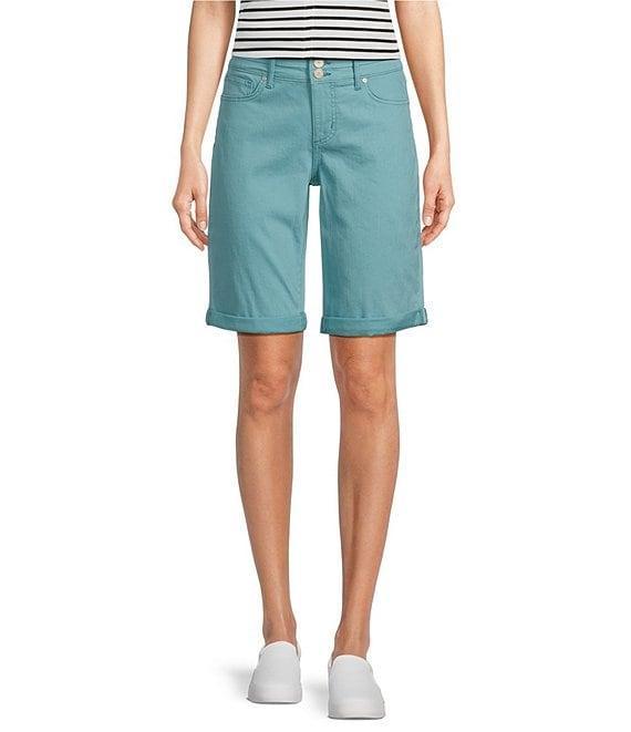 Code Bleu Stretch Denim Soho High Rise Stacked Waist Double Button Bermuda Shorts Product Image