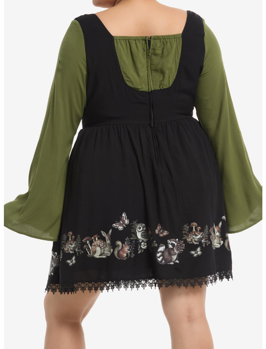 Thorn & Fable Woodland Critters Lace-Up Bell Sleeve Dress Plus Size Product Image