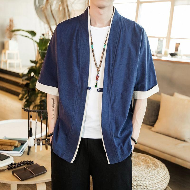 Elbow-Sleeve Open Front Linen Jacket Product Image