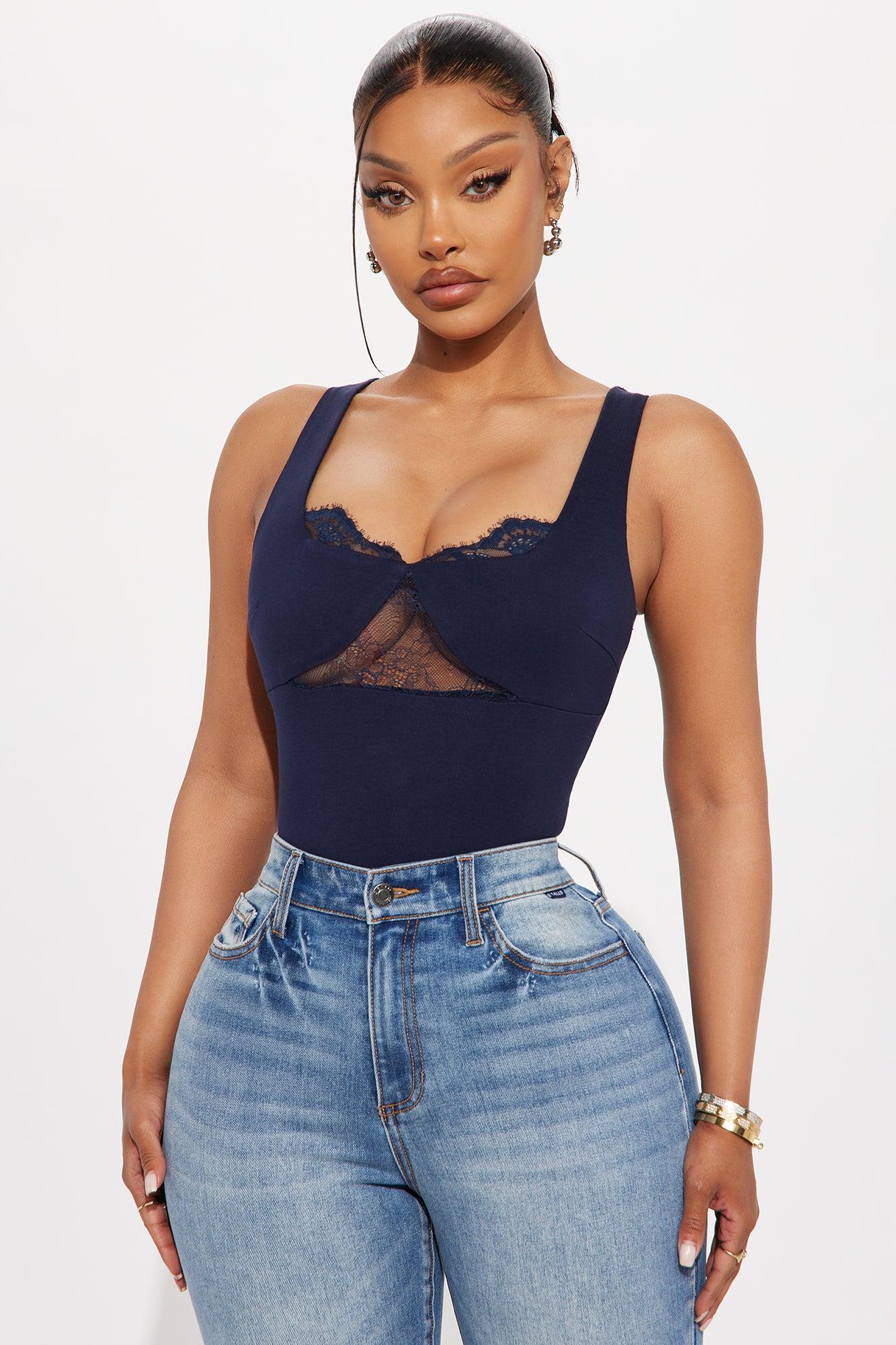 Verity Lace Trim Ponte Bodysuit - Navy Product Image