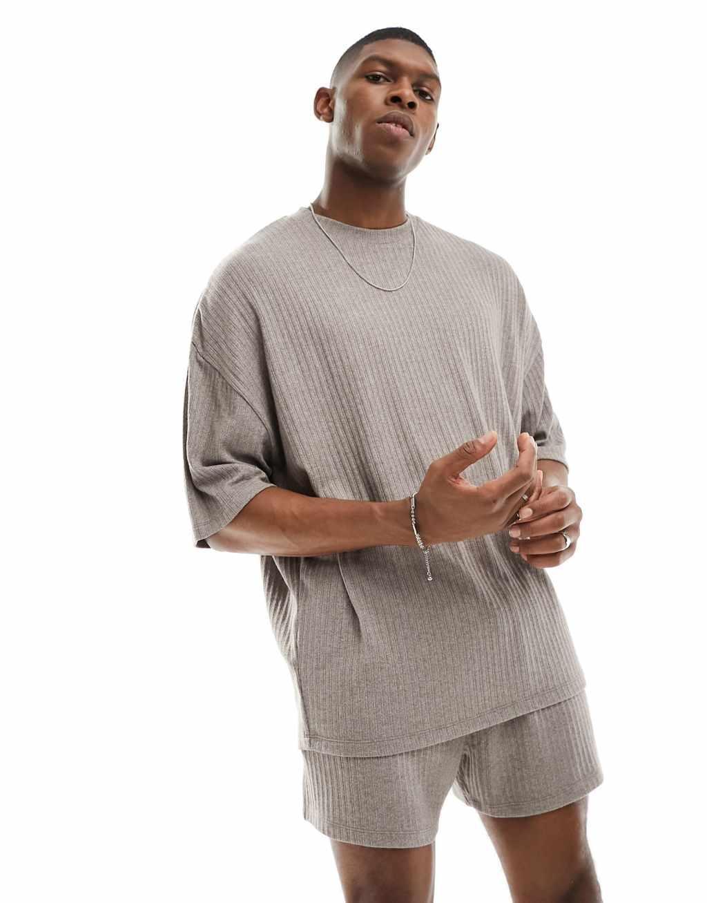 ASOS DESIGN loungewear set with t-shirt and shorts in stone textured rib Product Image
