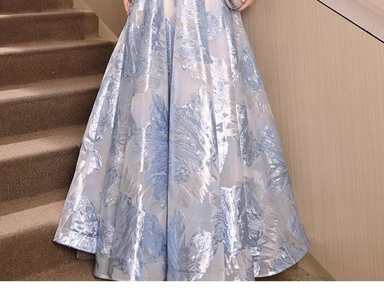 Short-Sleeve Off Shoulder Ruched Jacquard A-Line Evening Gown Product Image