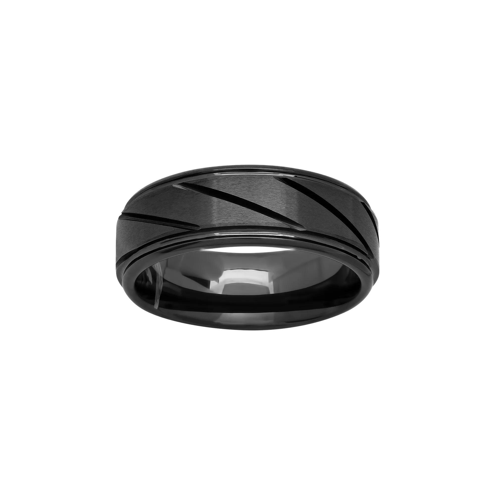 Black Ion-Plated Ceramic Slant Groove Band - Men, Men's, Size: 9, Grey Product Image