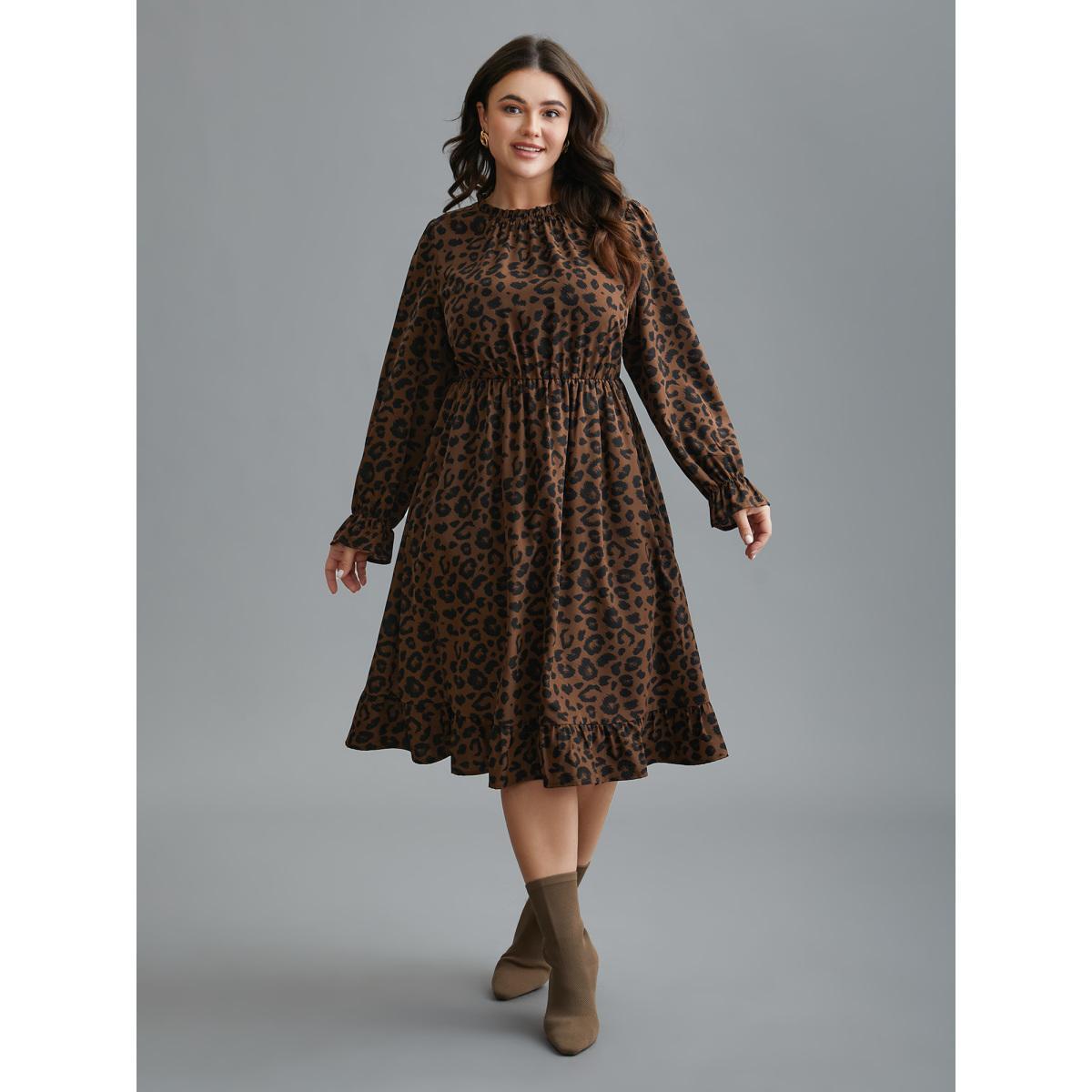 Plus Size Leopard Print Ruffles Mock Neck Elastic Waist Dress Browncoffeecolor Women Elegant Frill Trim Mock Neck Long Sleeve Curvy BloomChic 30/6X Product Image