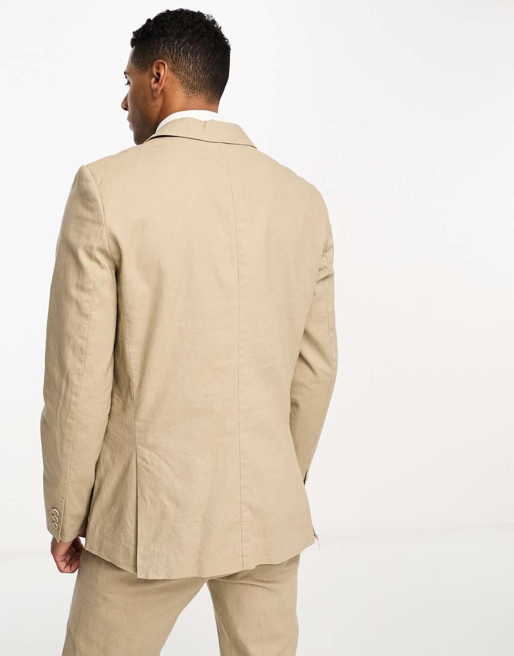 Only & Sons slim fit linen mix suit jacket in beige Product Image