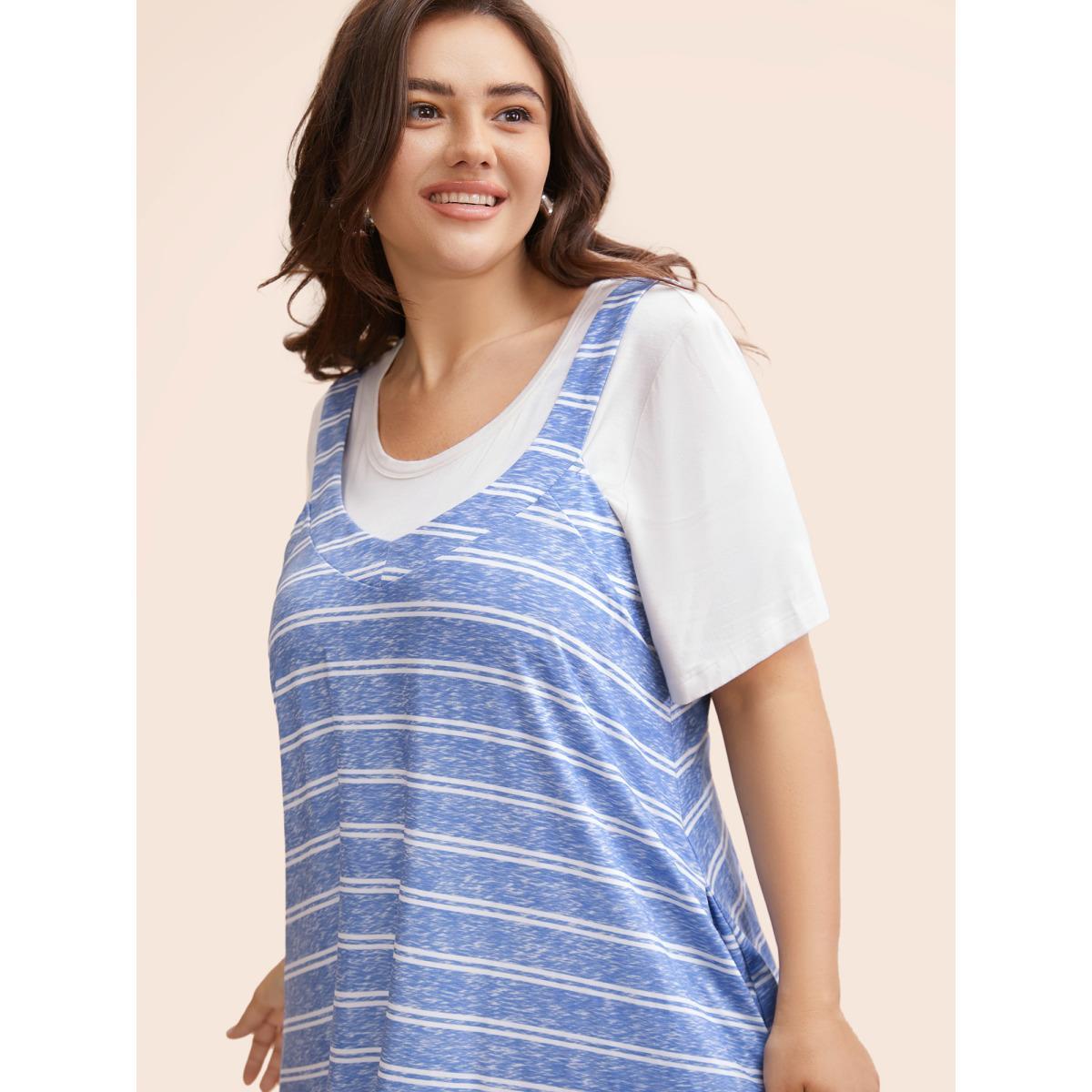 Plus Size U Neck Striped Adjustable Straps Dress Stone Women Casual Non U-neck Sleeveless Curvy BloomChic 12/L Product Image