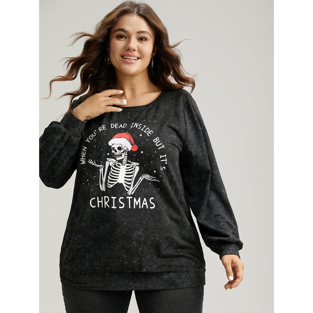 Plus Size Christmas Vintage Skull Print Crew Neck Sweatshirt Women Black Casual Elastic cuffs Festival-Christmas Sweatshirts BloomChic 14-16/1X Product Image