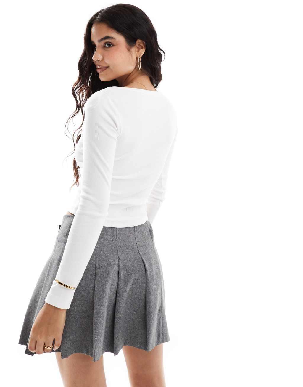 Stradivarius STR button front long sleeve top in white Product Image