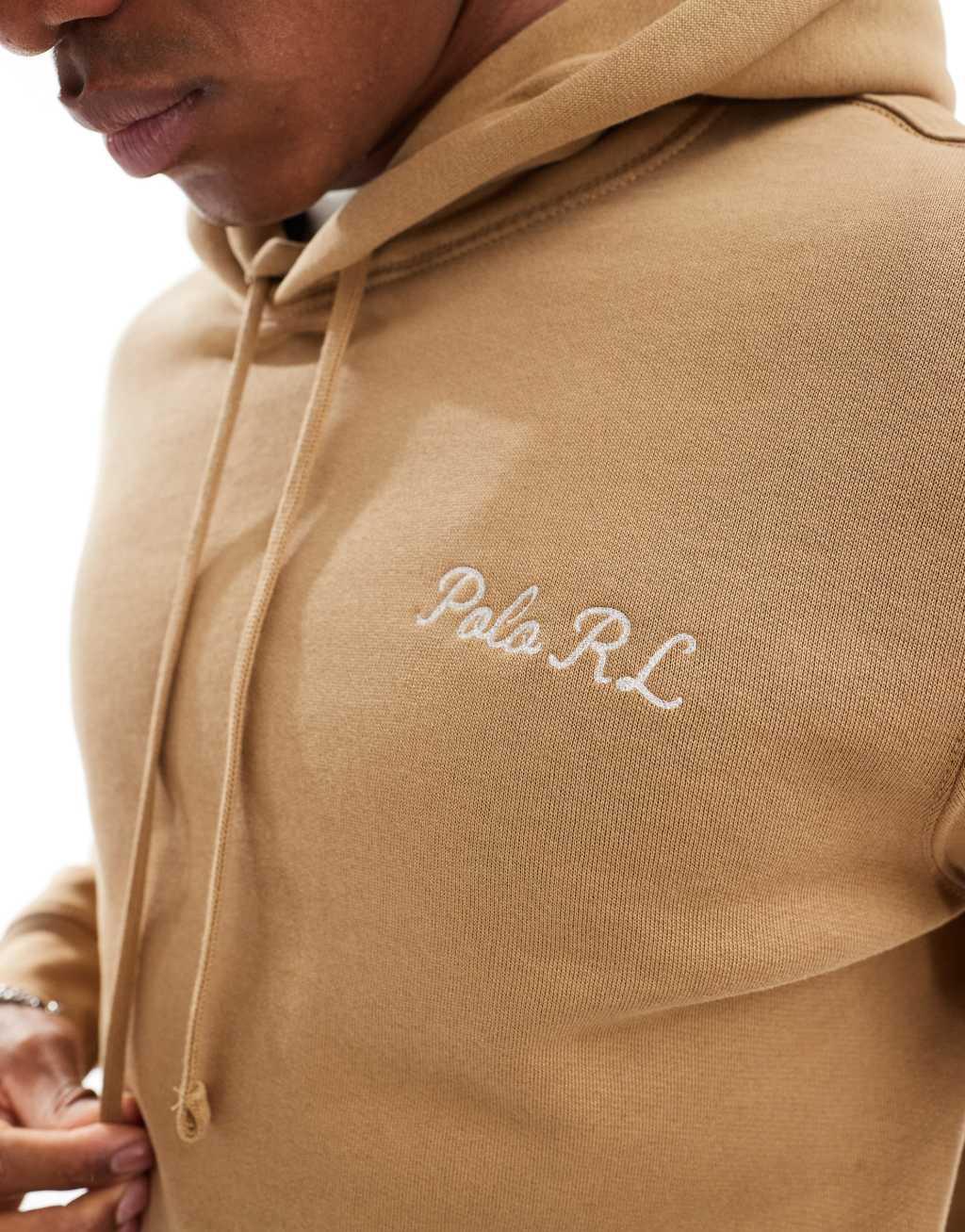 Polo Ralph Lauren explorer bear back print fleece hoodie in camel Product Image