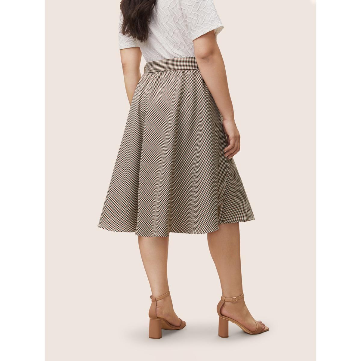 Plus Size Gingham Buckle Detail Pocket Belted Skirt Women LightBrown At the Office Non No stretch Slanted pocket Belt Work Skirts BloomChic 26/4X Product Image