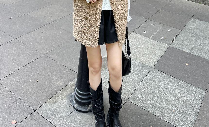 Round Neck Plain Fleece Double Breasted Vest Product Image