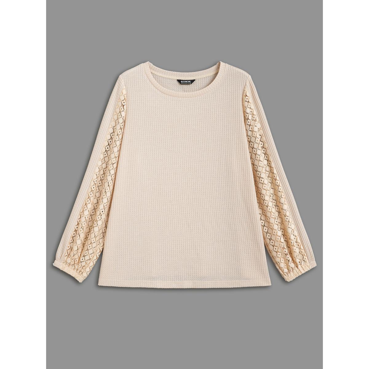 Plus Size Textured Patchwork Lace Panel T-shirt Champagne Women Casual Texture Non Everyday T-shirts BloomChic 30/6X Product Image