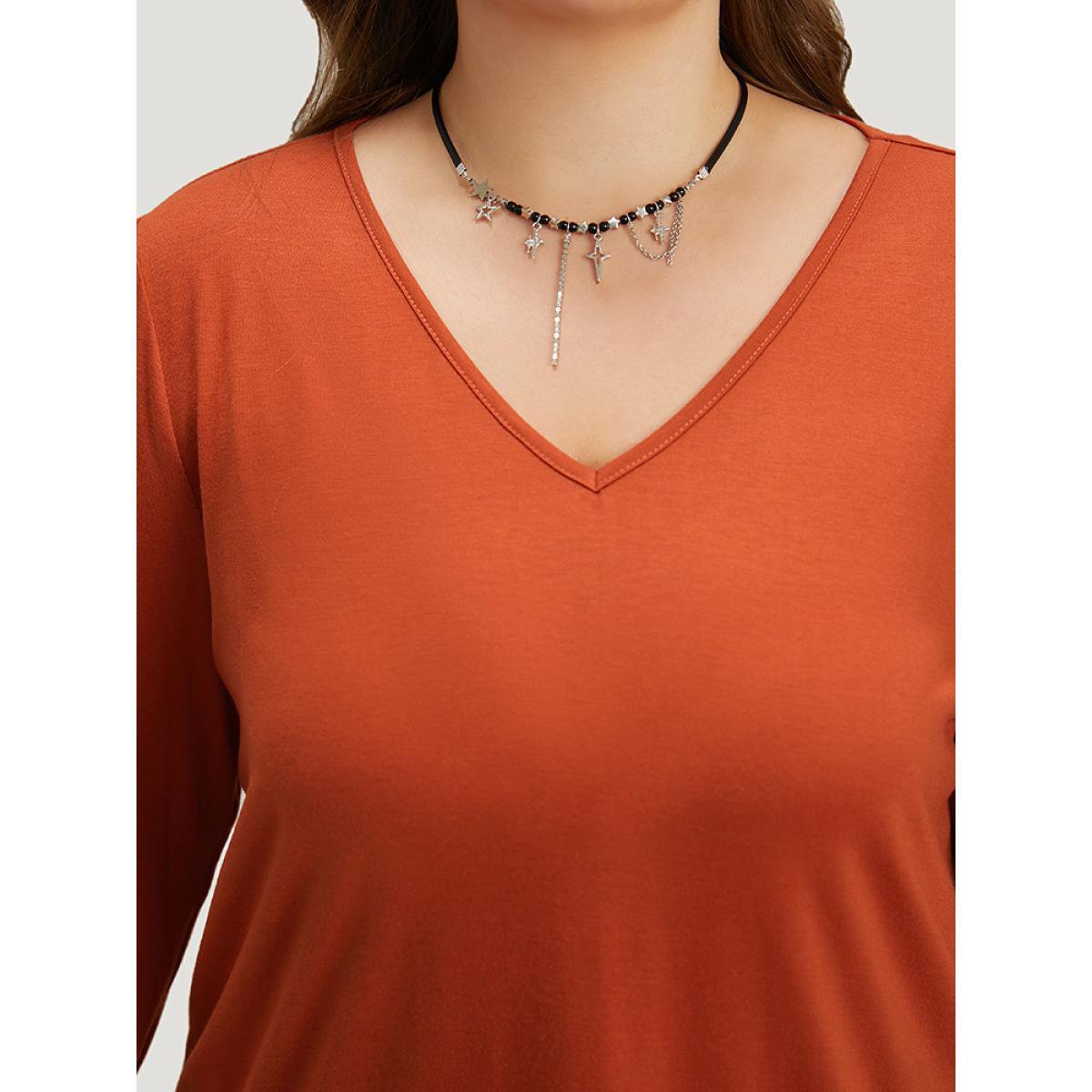 Plus Size Halloween Solid V Neck Layered Sleeve T-shirt Rust Women Elegant Plain Plain V-neck Festival-Halloween T-shirts BloomChic 30/6X Product Image