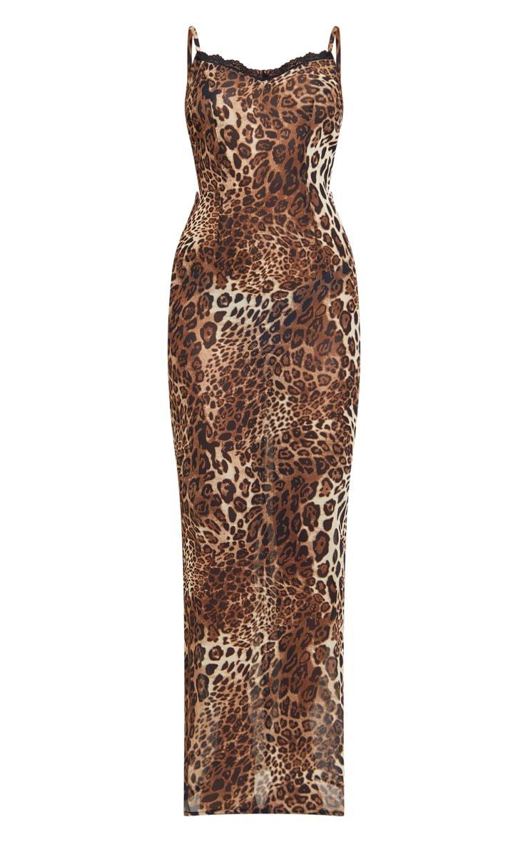 Brown Leopard Print Chiffon Lace Trim Strappy Maxi Dress Product Image