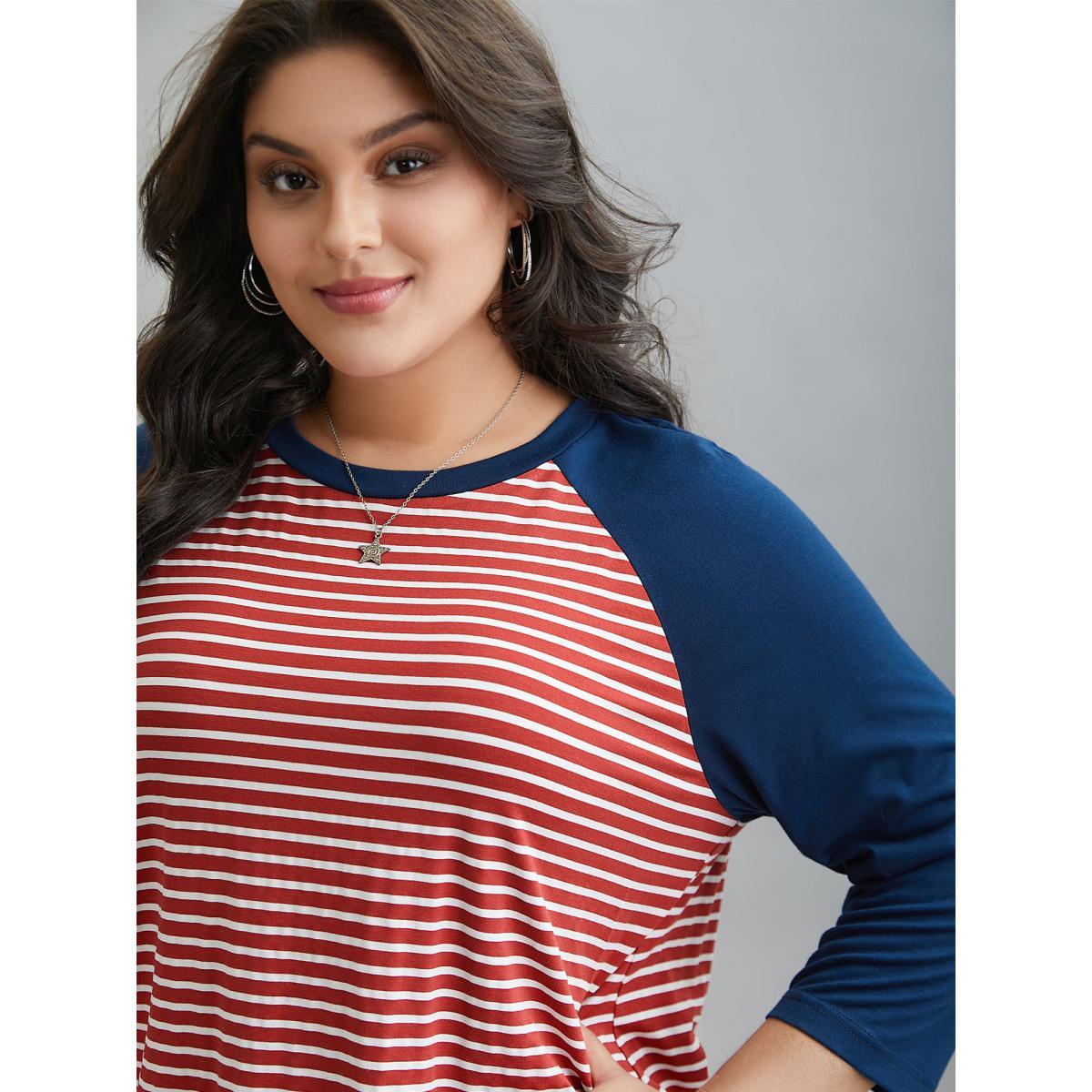 Plus Size Color-Block Striped Raglan Sleeve T-Shirt Multicolor Women Casual Contrast Round Neck Everyday T-shirts BloomChic 26/4X Product Image