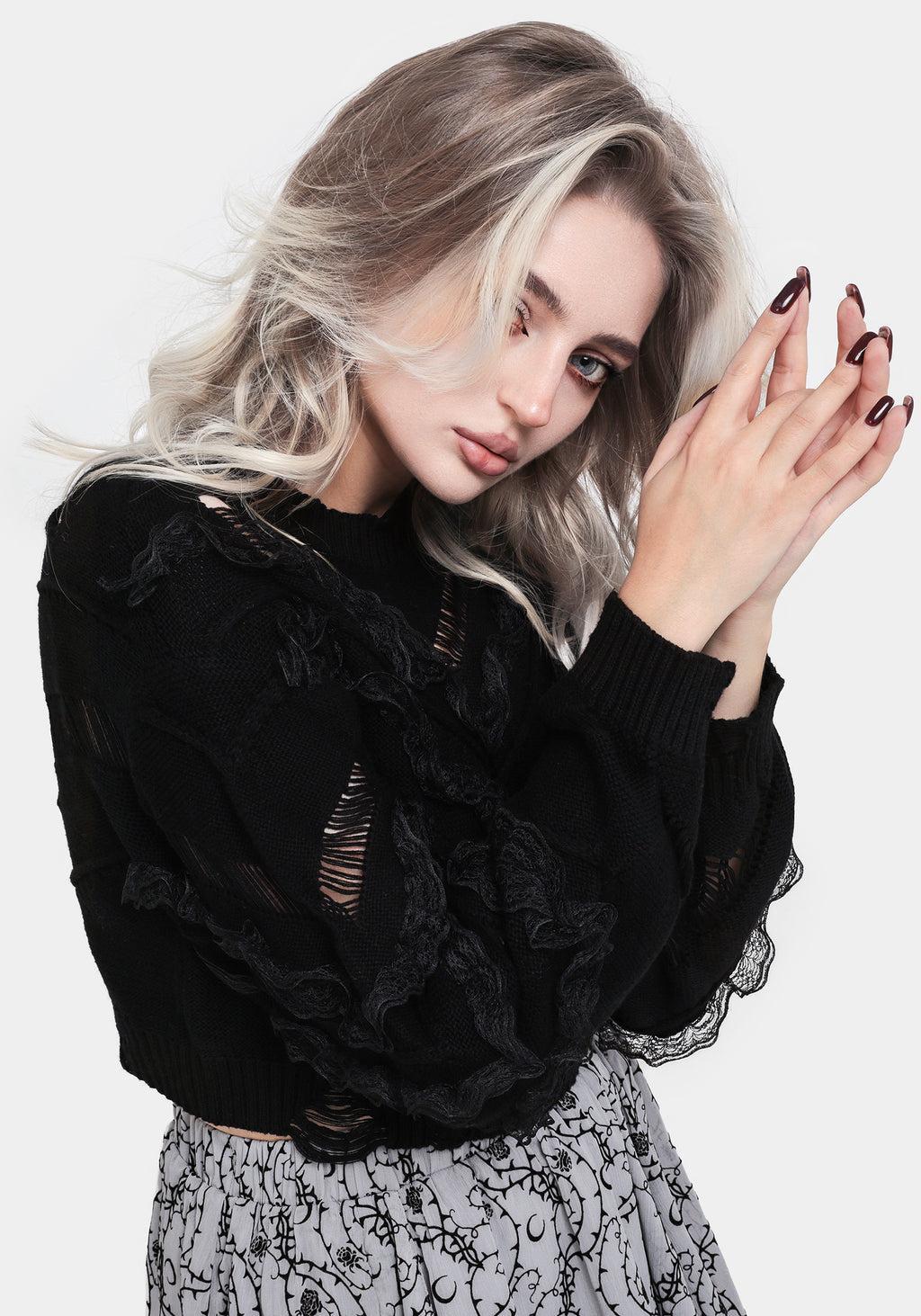 Volla Lace Ruffle Distressed Knit Crop Sweater Product Image