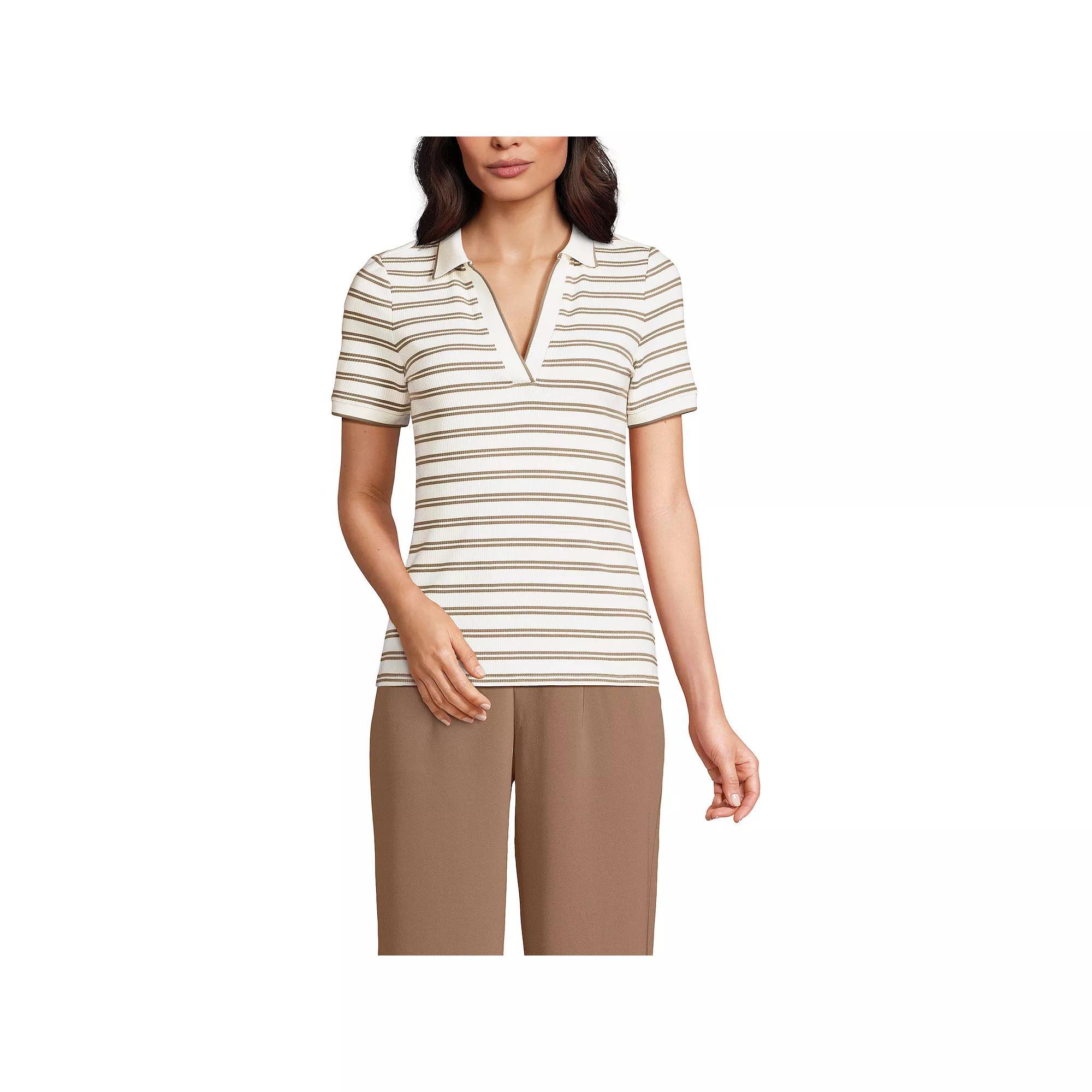 Women's Lands' End V-Neck Short Sleeve Polo, Size: Large, Ivory Dual Stripe Product Image