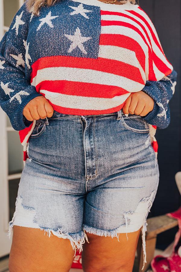 Risen Mel High Waist Distressed Shorts In Medium Wash Curves Product Image