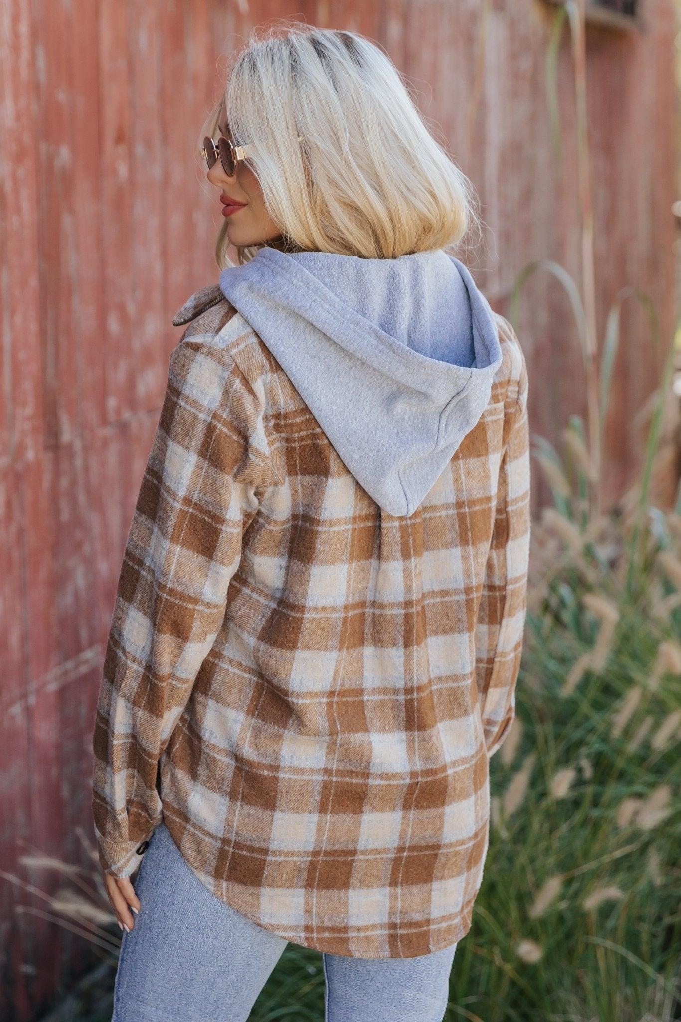 Brown Plaid Hooded Shacket - FINAL SALE Female Product Image