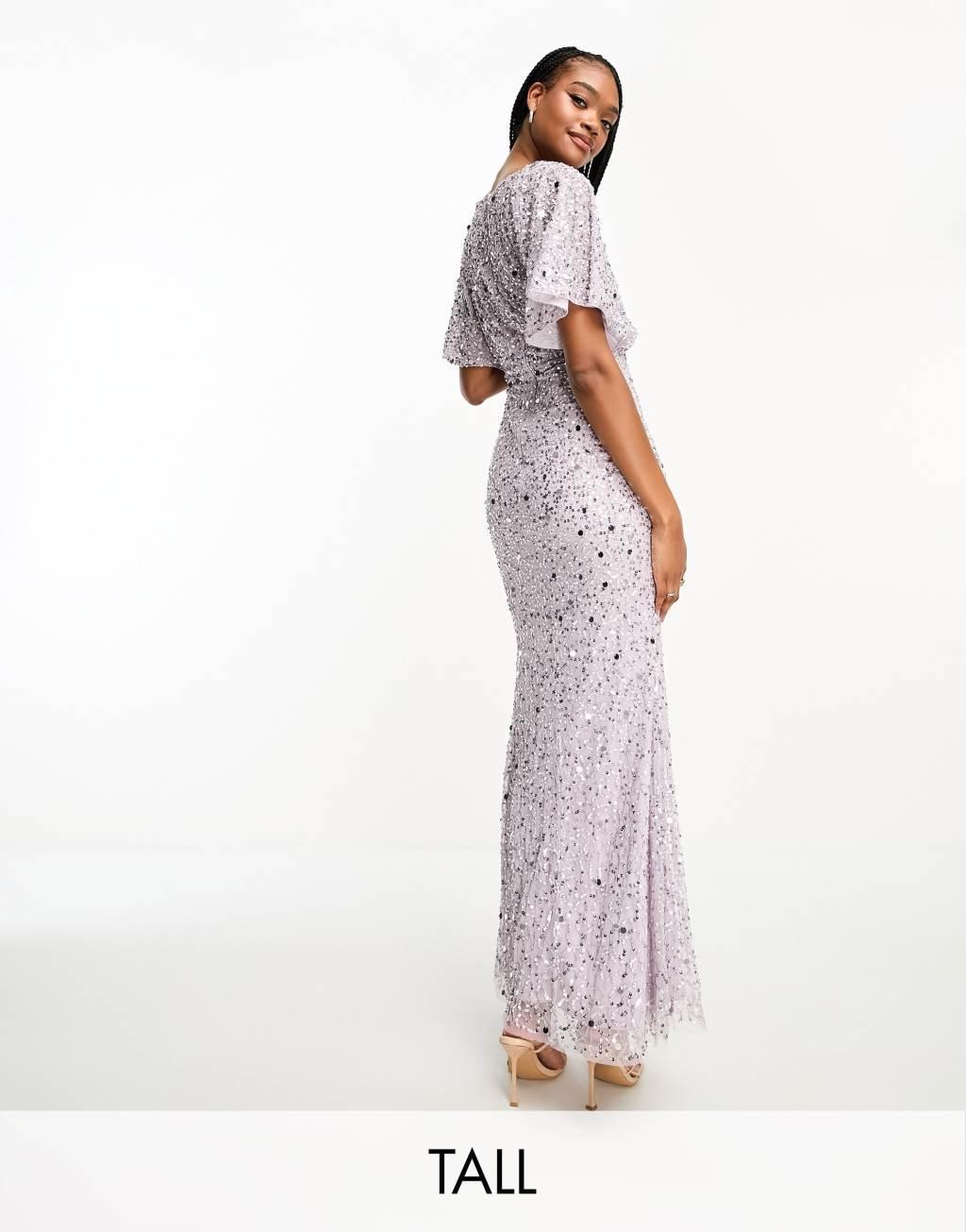 Beauut Petite Bridesmaid embellished maxi dress with flutter sleeve in champagne Product Image